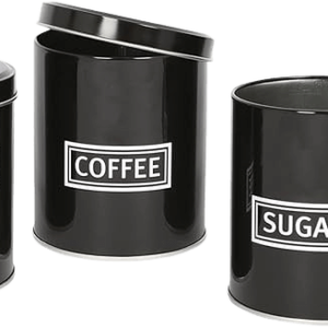 Harbour Housewares 3pc Round Metal Tea Coffee Sugar Canisters Set - Black