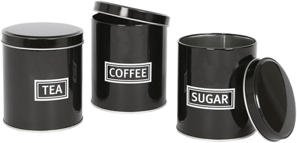 Harbour Housewares 3pc Round Metal Tea Coffee Sugar Canisters Set - Black